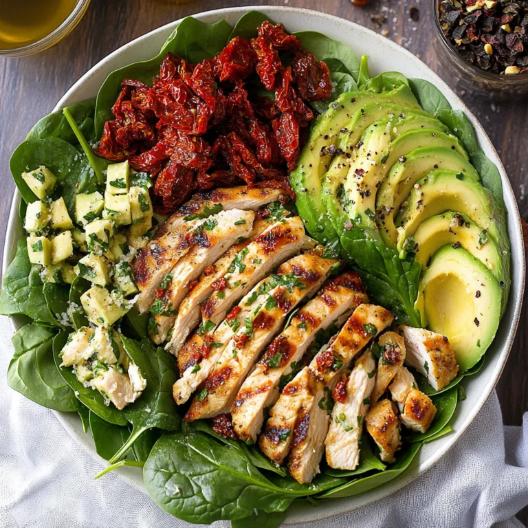 Grilled Chicken Sun Dried Tomato and Avocado Spinach Salad
