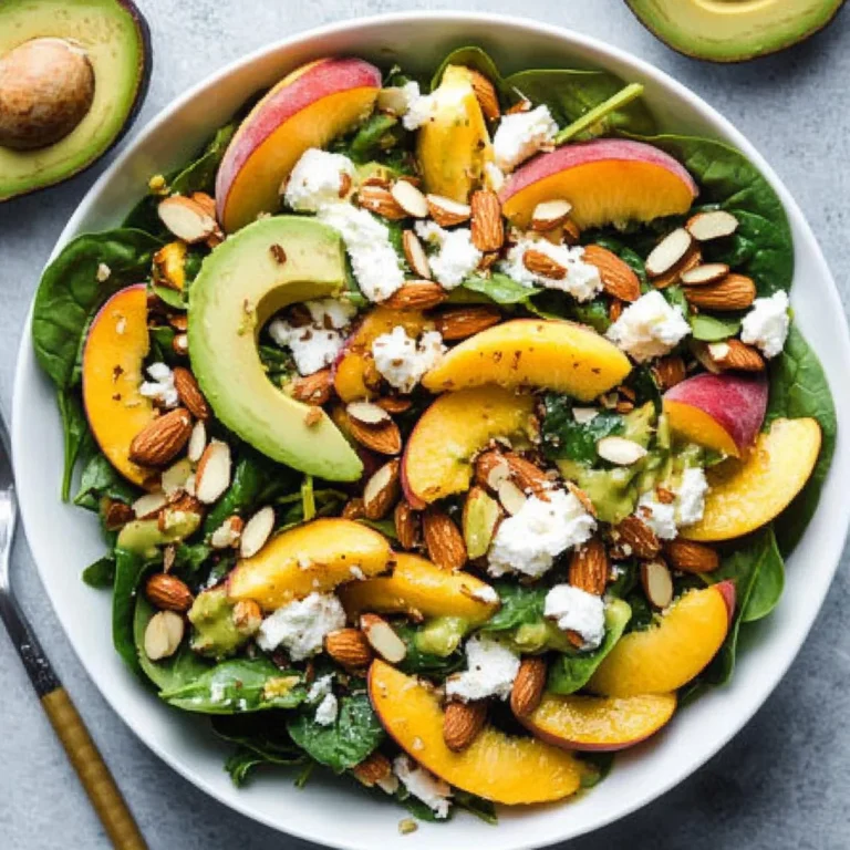 Summer Peach Spinach Salad with Avocado, Toasted Almonds + Goat Cheese