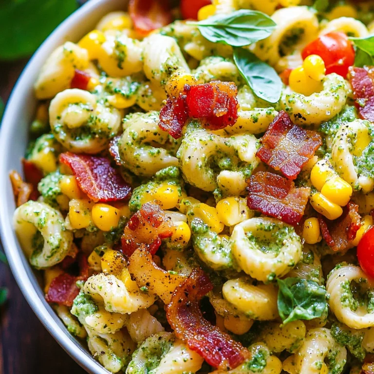 Corn Pasta Salad with Turkey Bacon and Creamy Pesto Dressing