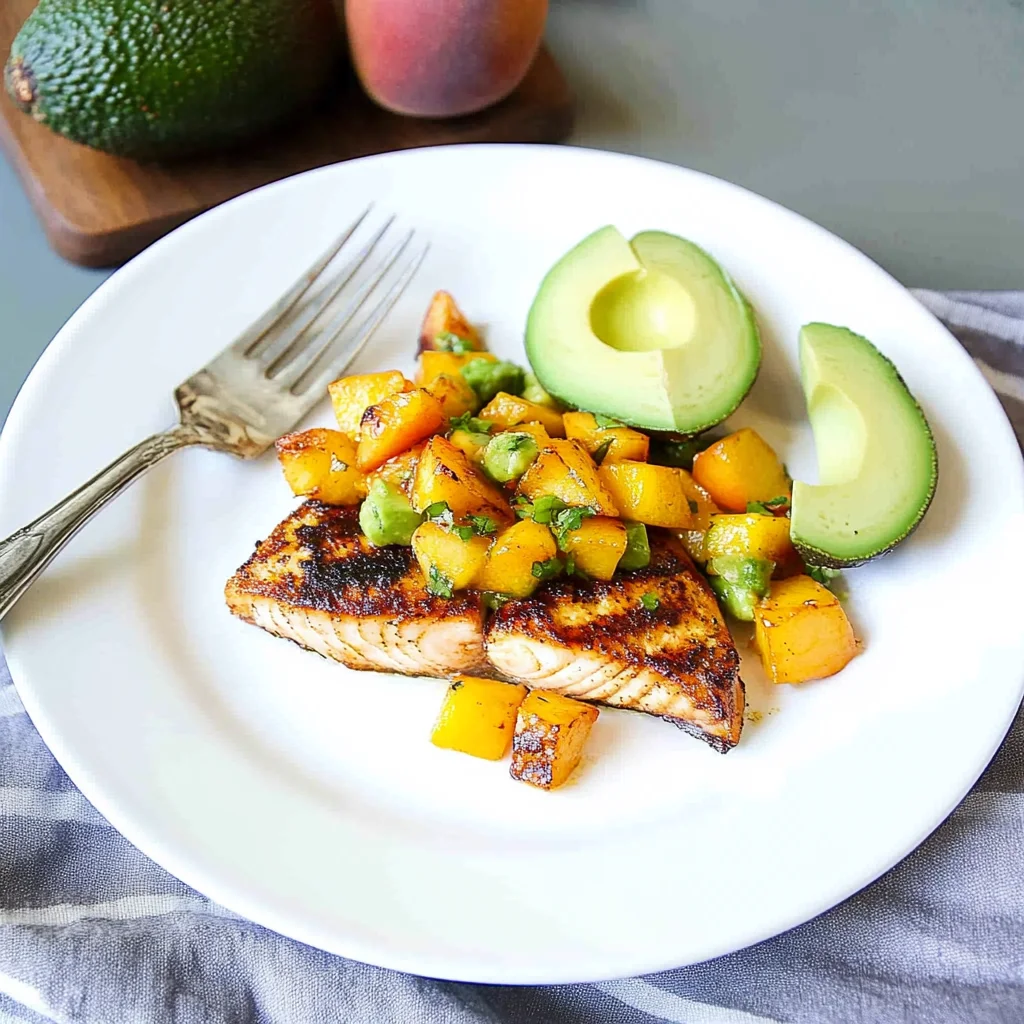 Grilled Mahi Mahi with Grilled Avocado Peach Salsa