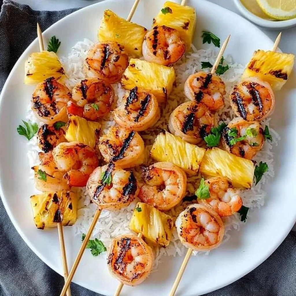 Grilled Shrimp and Pineapple Skewers over Coconut Rice