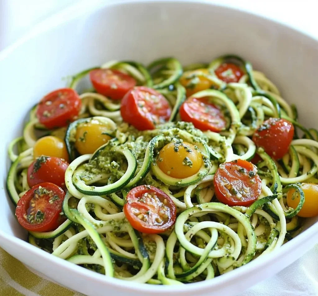 Raw Spiralized Zucchini Noodles with Tomatoes and Pesto