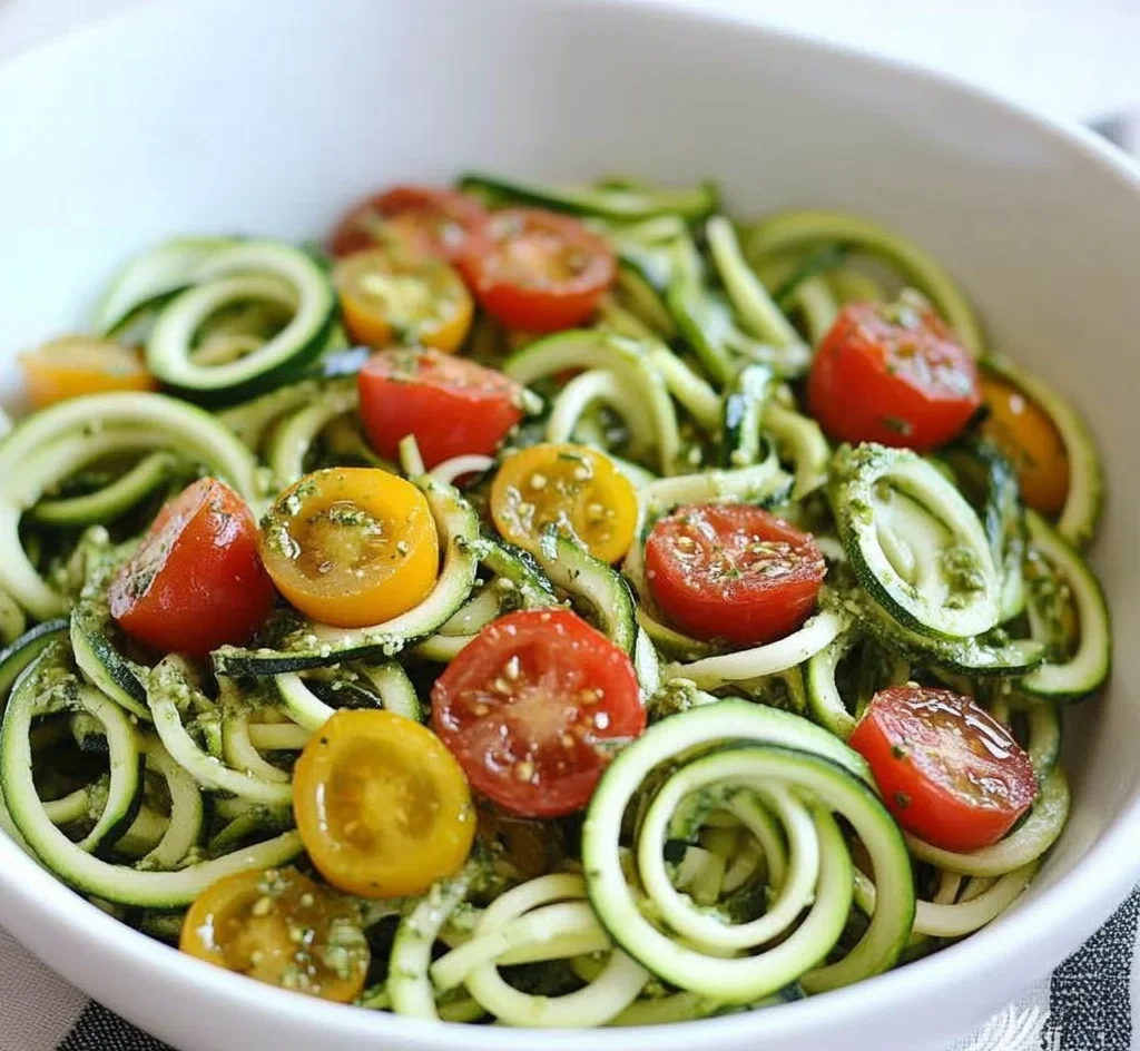 Raw Spiralized Zucchini Noodles with Tomatoes and Pesto