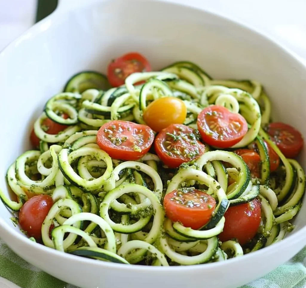 Raw Spiralized Zucchini Noodles with Tomatoes and Pesto