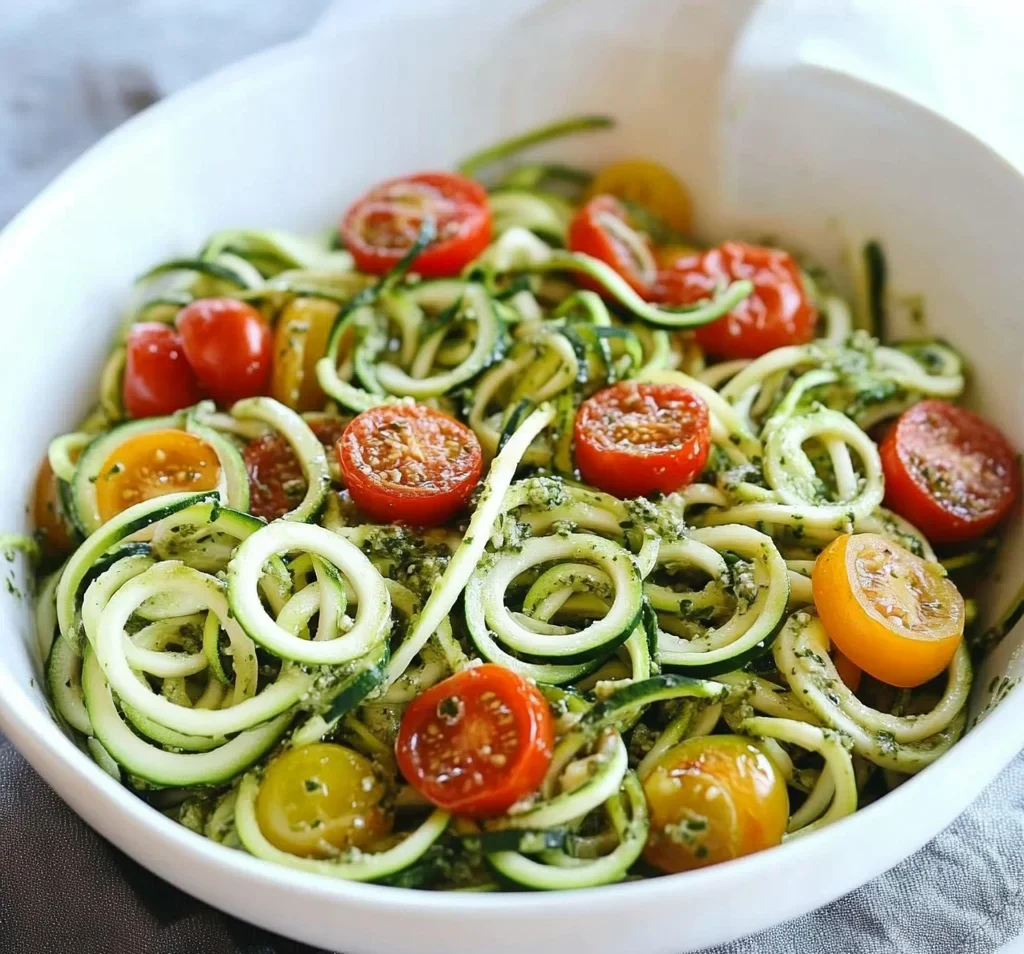 Raw Spiralized Zucchini Noodles with Tomatoes and Pesto