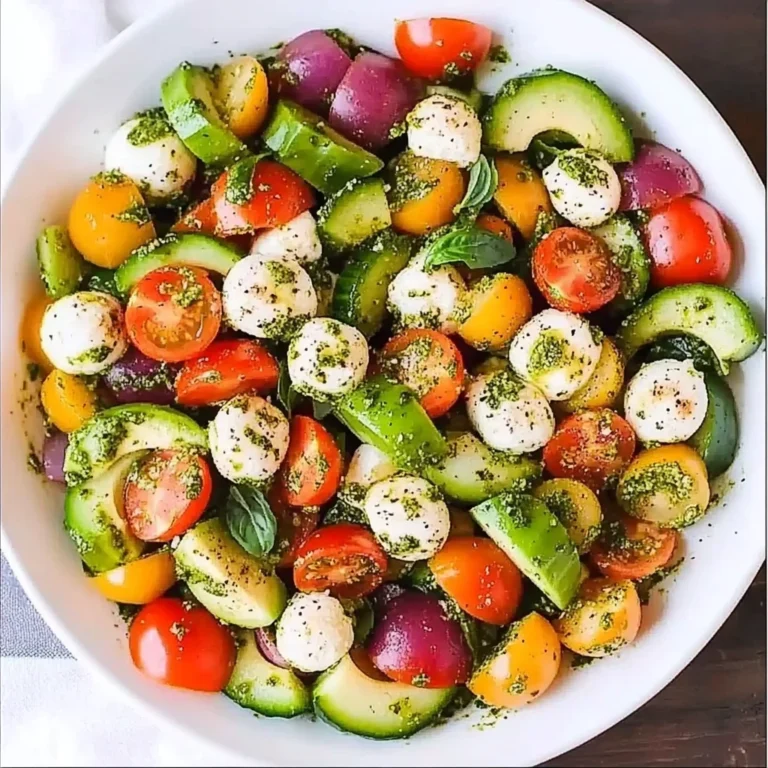 Tomato Cucumber Avocado Salad with Mozzarella and Basil Pesto