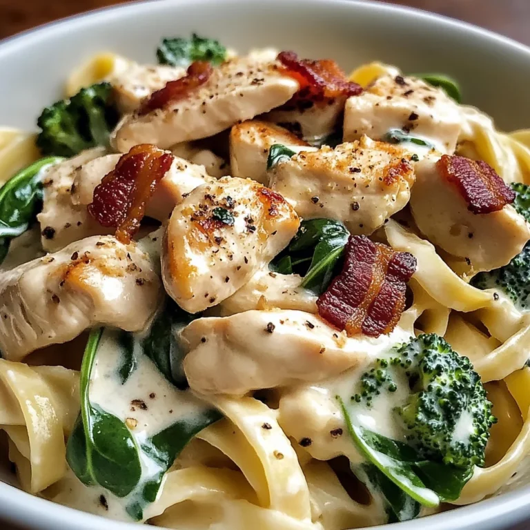 Chicken, Bacon & Spinach Alfredo Fettuccine with Broccoli