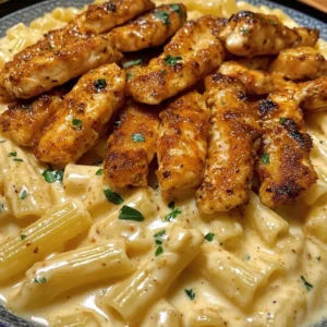 Creamy Rigatoni Alfredo with Cajun Chicken Strips