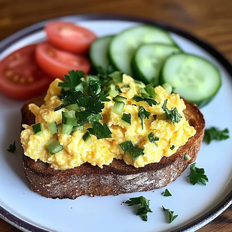 Creamy Scrambled Egg Toast with Fresh Cucumber & Tomato Slices