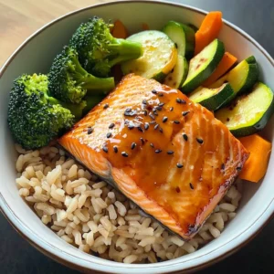 Honey-Glazed Salmon Bowl with Brown Rice & Steamed Veggies