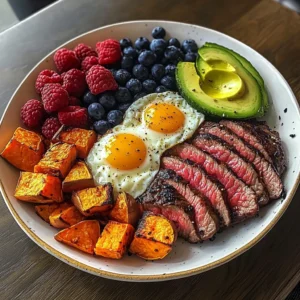 Steak & Sunny Eggs Power Plate with Sweet Potato, Avocado & Berries