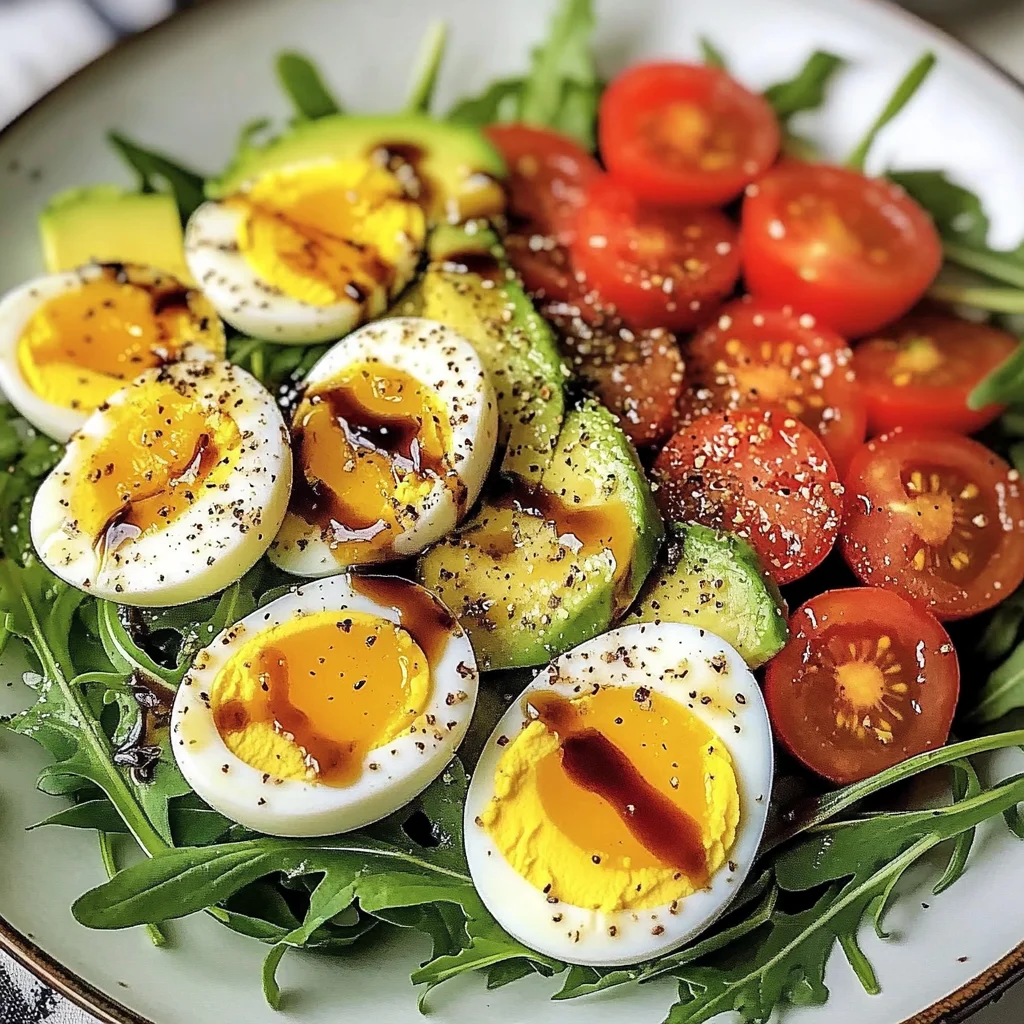 Avocado Arugula Salad with Jammy Eggs & Creamy Balsamic Drizzle