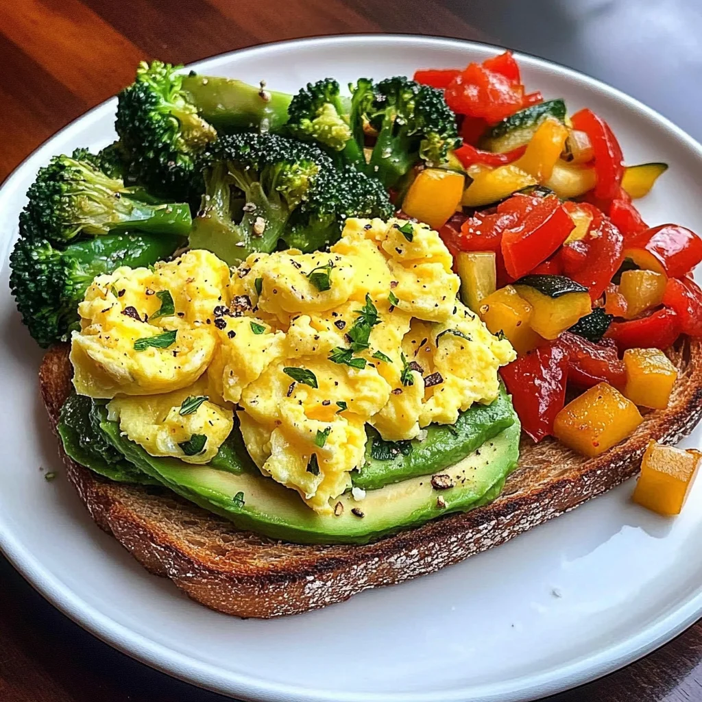 Avocado Toast with Scrambled Eggs & Sauted Veggies