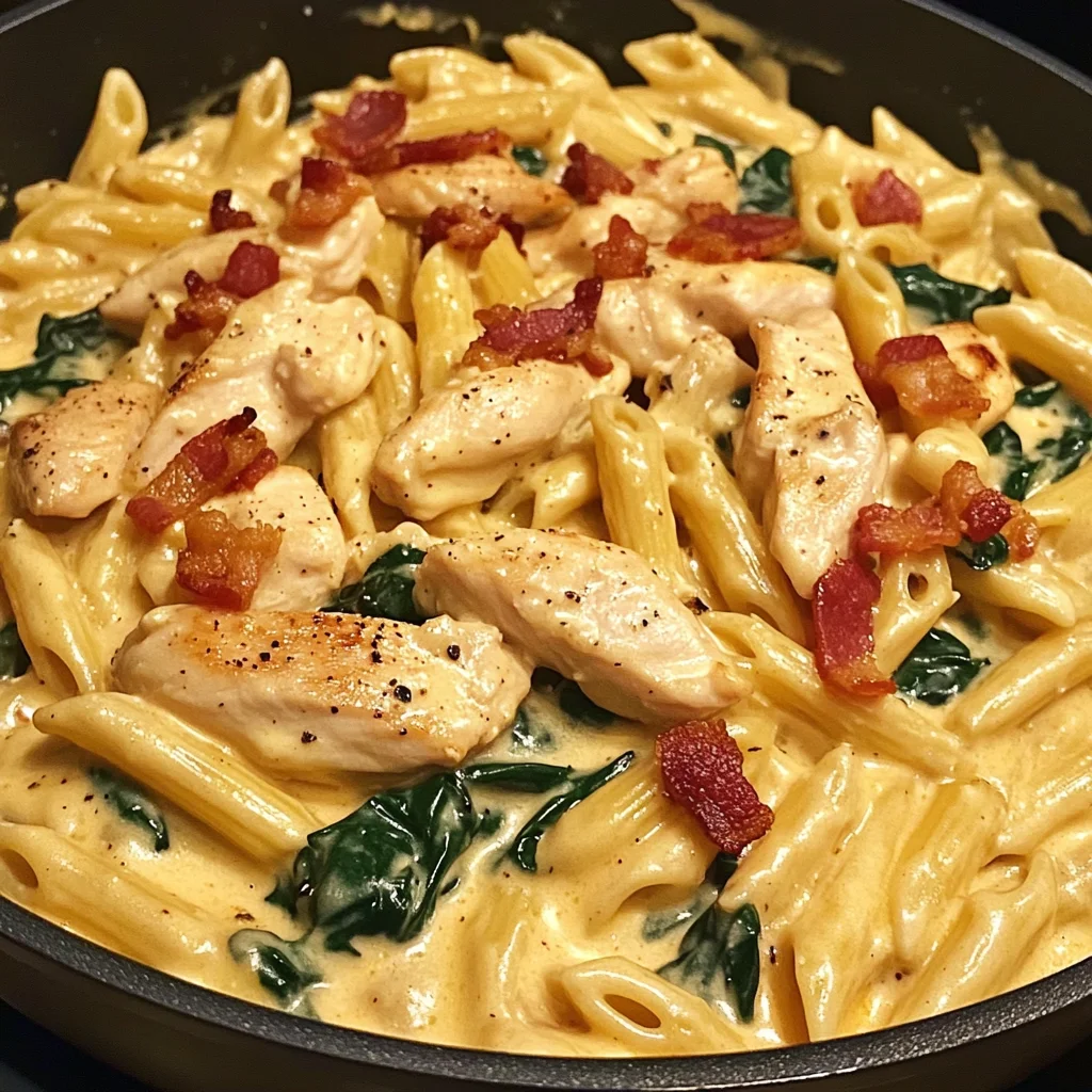 Creamy Chicken Bacon Penne with Spinach