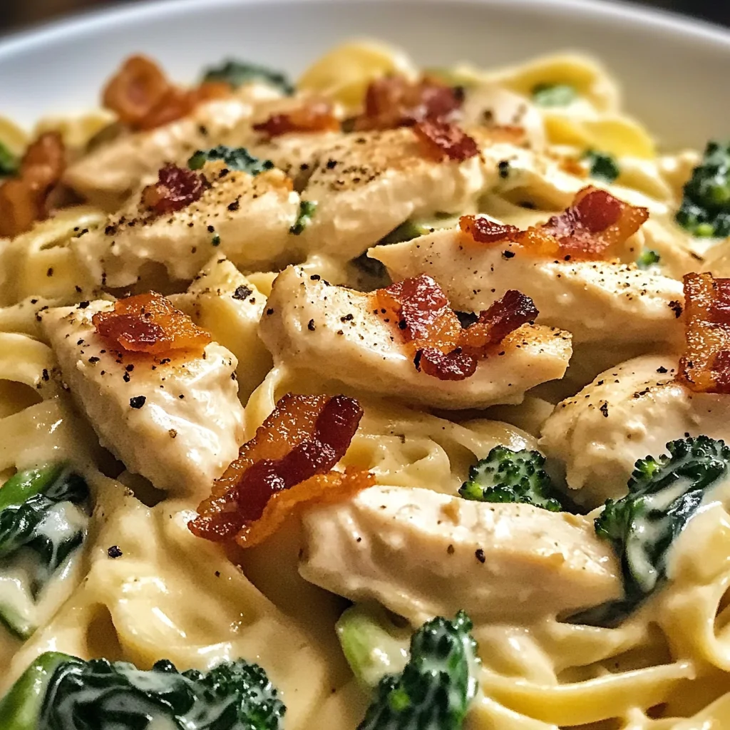 Creamy Chicken Bacon Spinach Fettuccine with Broccoli