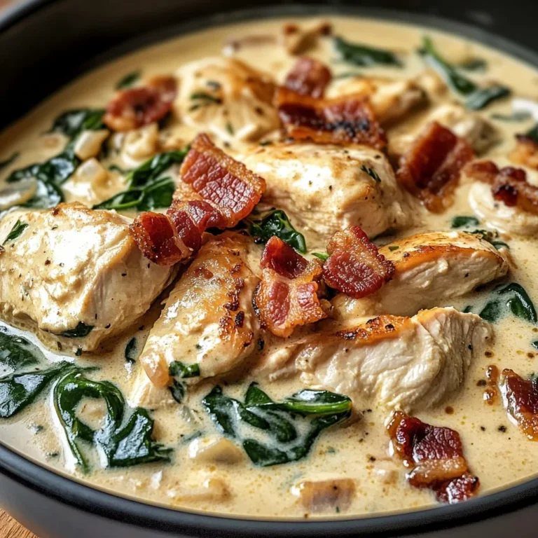 Creamy Chicken Stroganoff with Crispy Bacon and Wilted Spinach