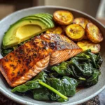 Glazed Salmon with Plantains, Spinach & Avocado Bliss Bowl