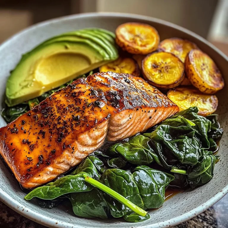 Glazed Salmon with Plantains, Spinach & Avocado Bliss Bowl