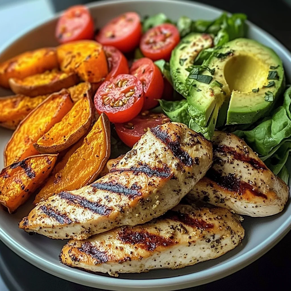 Grilled Chicken Power Plate with Sweet Potatoes & Avocado Salad