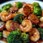 Honey garlic shrimps, sausage and broccoli