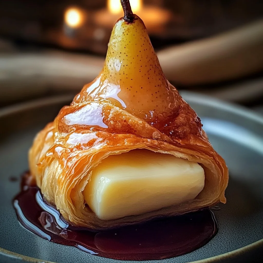 Poached Pear Wrapped in Brie, Baked in Puff Pastry