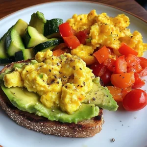 Rainbow Avocado Toast with Scrambled Eggs & Veggie Medley
