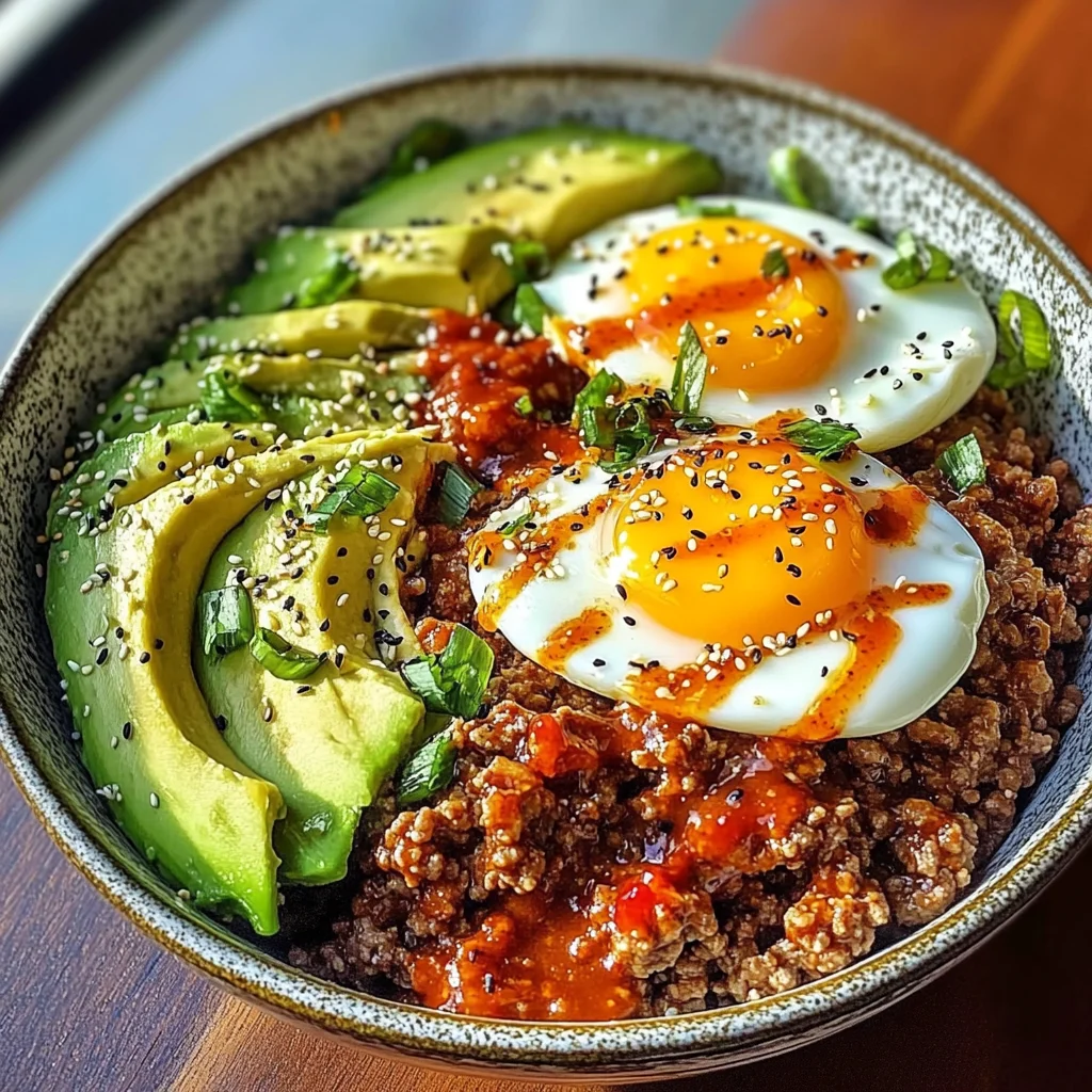 Spicy Avocado & Beef Protein Bowl with Fried Eggs