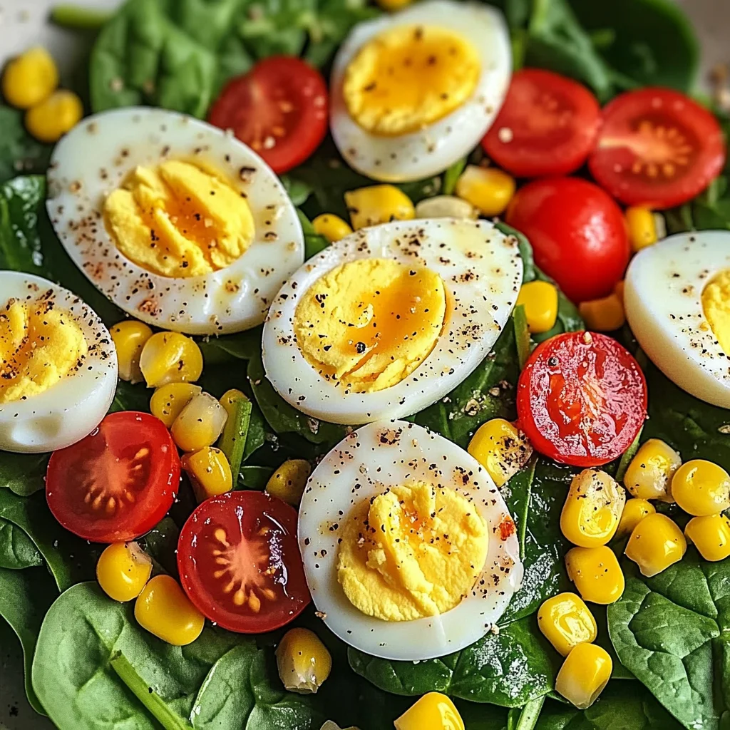 Spinach Salad with Soft-Boiled Eggs, Cherry Tomatoes, Corn & Creamy Dressing
