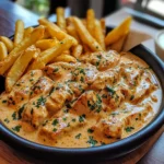Creamy Butter Chicken with Garlic Drizzle, Golden Fries & Warm Naan