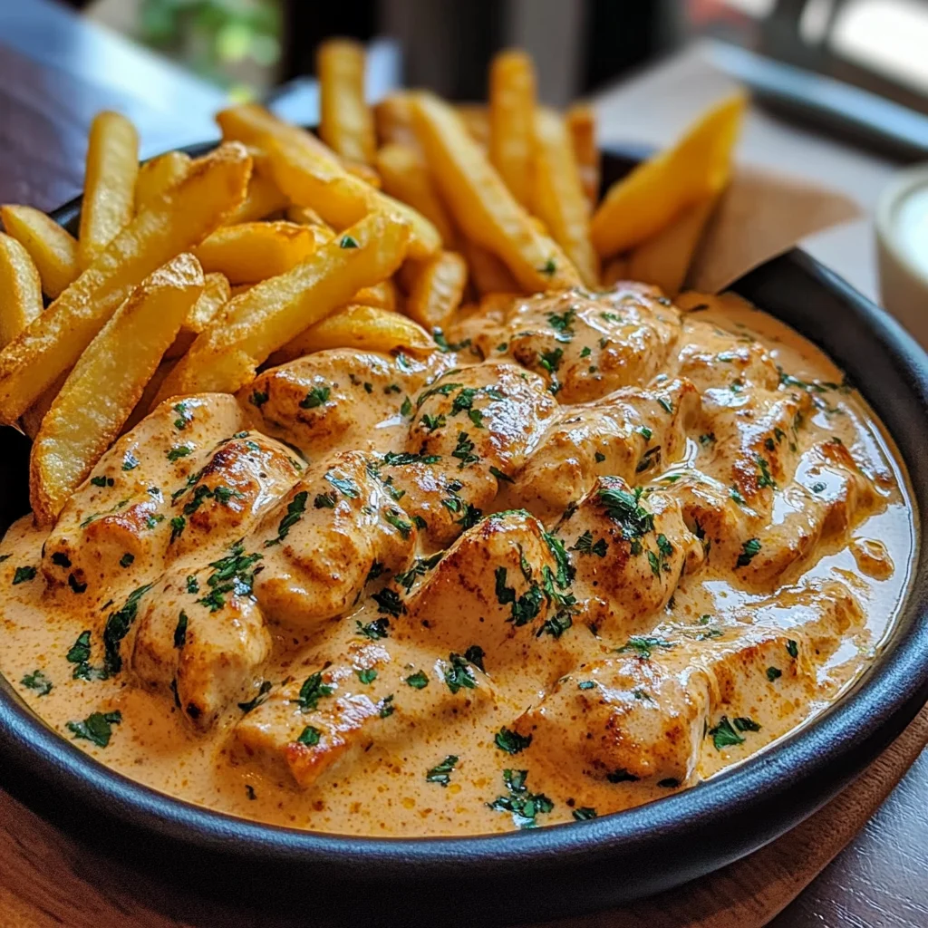 Creamy Butter Chicken with Garlic Drizzle, Golden Fries & Warm Naan