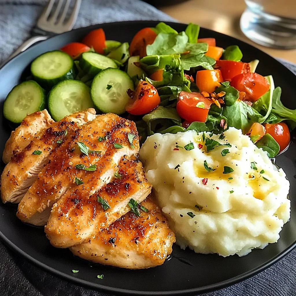 Golden Pan-Seared Chicken Breast with Creamy Mashed Potatoes & Fresh Garden Salad