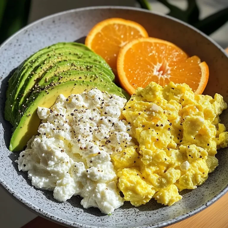 Avocado, Scrambled Eggs & Cottage Cheese Plate with Fresh Orange