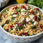 Homemade Orzo Pasta Salad with Feta and Sun Dried Tomatoes - flirtyfood