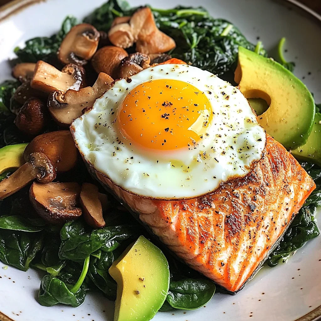 Pan-Seared Salmon with Sunny Egg, Sautéed Spinach, Mushrooms & Avocado