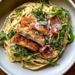 Basil Parmesan Pasta with Crispy Chicken, Prosciutto, and Arugula