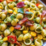 Corn Pasta Salad with Turkey Bacon and Creamy Pesto Dressing