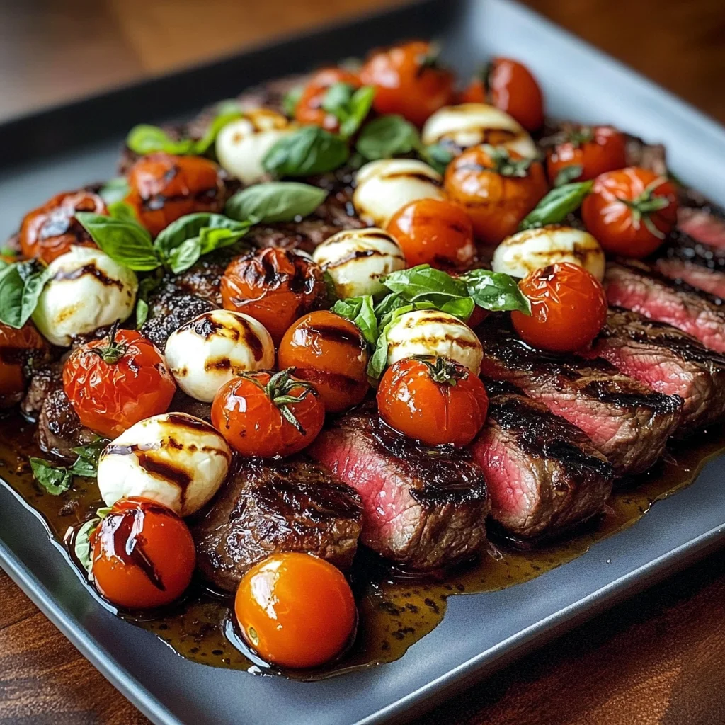 Grilled Balsamic Steak Caprese with Mozzarella, Tomatoes, and Basil